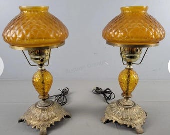 Vintage pair of 2  Ornate Brass Base Amber Diamond Glass Brooks Cresent Hurricane Lamp