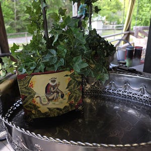 Vintage set of 2 Hand Painted Monkey cachepot with a metal sphere ivy topiary Decor