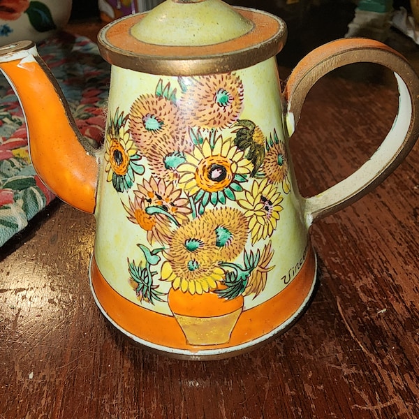 Vintage kelvin chen miniature hand painted copper enamel floral tea pitcher e with spout