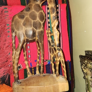 African Hand Carved Wood Giraffe and Baby Sculpture 12"