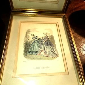 Authentic French 19th century Framed, Fashion Magazine Hand colored lIlustration. Genuine Antique French Engraving, 1870, Paris.