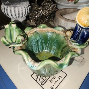 Vintage Majolica Planter Mudman Fishing with Frog on Lily Pads Pottery 5 inches tall