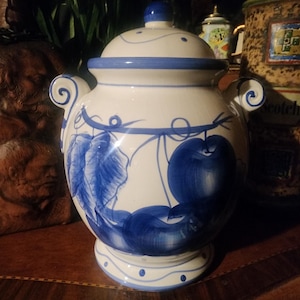 Biscotti jar Cookie jar blue and white with lid fruit Motif 8 1/2&quot; tall.  No chips No cracks made in China