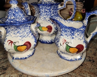 Molly Davis Rooster Tea Set: Blue Splatter Teapot, Creamer & Sugar Bowl