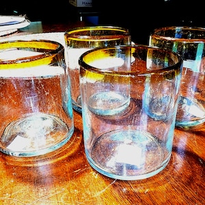 Artisan Mexican Drinking Glasses: Amber Rim Recycled Blown Glass, Set of 4