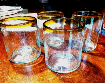 Artisan Mexican Drinking Glasses: Amber Rim Recycled Blown Glass, Set of 4
