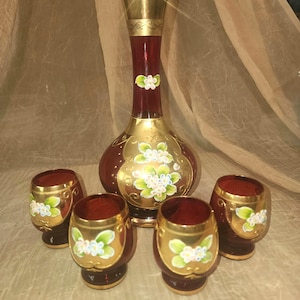 Antique Bohemian Decanter Set: Hand-Painted Ruby Red & Gold Flowers