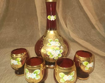 Antique Bohemian Decanter Set: Hand-Painted Ruby Red & Gold Flowers