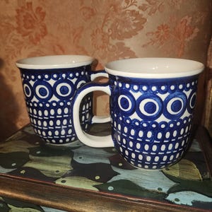 Handmade Bolesławiec Mug Set: Polish Blue & White Coffee Cups