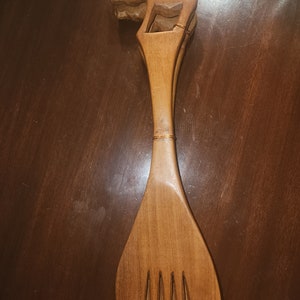 Vintage Carved Wood - Rhinoceros Animal Serving Spoon Fork Set 11.5&quot;