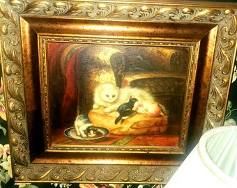 Vintage oil painting 16 by 14 cat and kittens at play oil painted