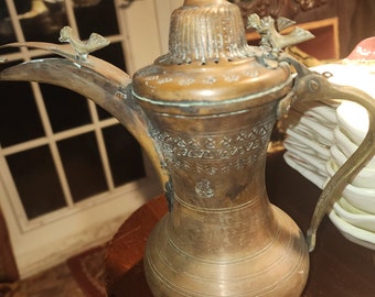 Middle Eastern Dallah Turkish Ottoman Brass Coffee Pot, Islamic Vintage Coffee Server with birds,  1900&#39;s, Vintage Brass Antique Pitcher