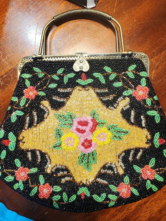 Antique Floral Beaded Purse – handle metal and ch… - image 8