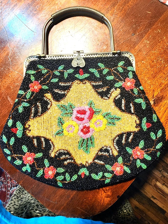 Antique Floral Beaded Purse – handle metal and ch… - image 1