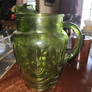 Vintage 70s Avocado Green Glass Pitcher