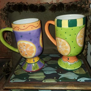 Set of 2 Fruit Pattern Pedestal Latte Mugs Hand Painted by Milson and Louis