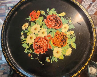 Vintage Hand Painted Round Black Metal Floral Tray - Etsy