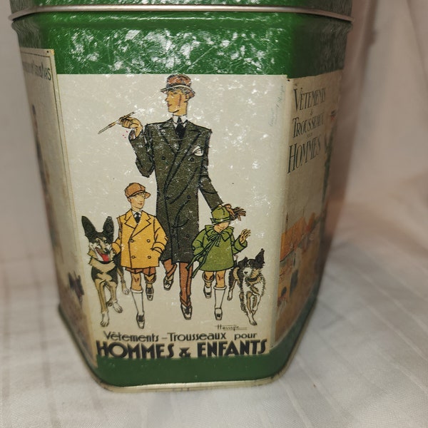 French vintage tin can lithography metal box signed advertising fami..