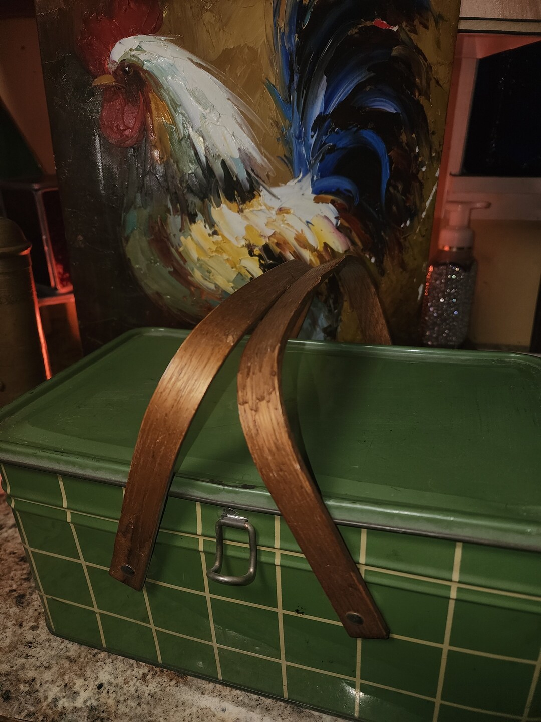 Vintage Green Plaid Metal Picnic Basket Bread Tin Wood Handles Etsy