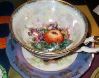Antique Royal Halsey Very Fine China Fruit Themed Teacup & Saucer