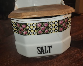 Vintage Pattern Porcelain and Wood Wall Mount Salt Flour Box holder salt box