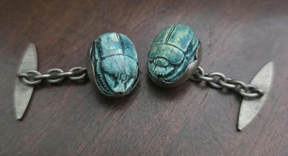 Vintage Egyptian Revival Blue Carved Scarab Beetles Cufflinks