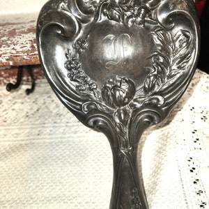 Antique Art Nouveau Silver plated  Repousse Hand Mirror