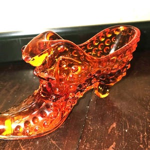 Vintage Fenton Glass Amber Hobnail Cat Head Glass Shoe