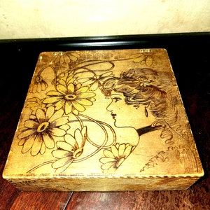 Vintage Pyrography Wood Handkerchief Box w Victorian woman design engraved Motif