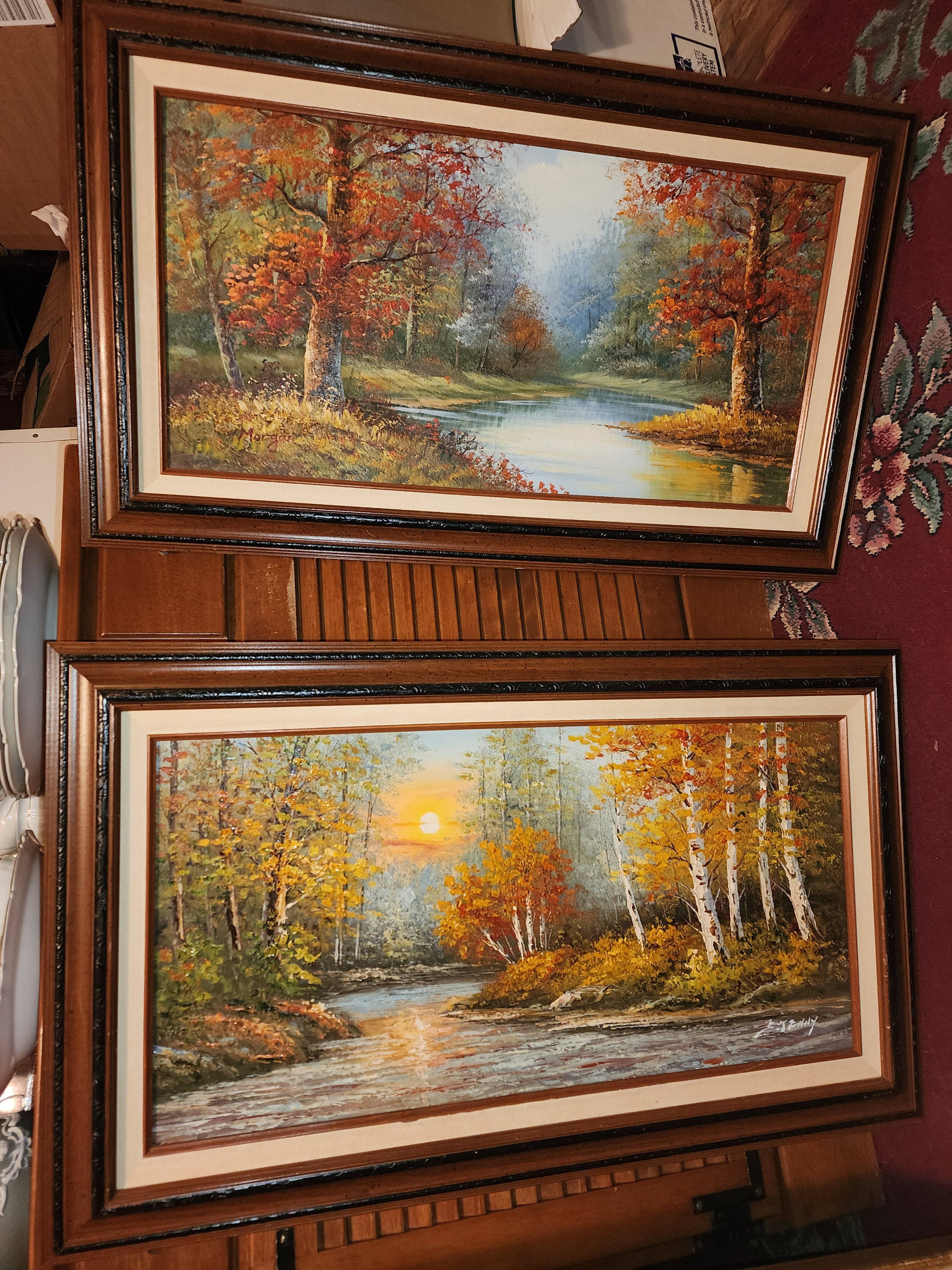 Original Oil On Board Artist Signed. Stream With Fall Wooded Banks. Beautiful! set of 2 artist signed Morgan and Jenny