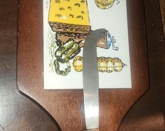 VINTAGE JAPAN MCM wood and cheese 1970s tile cutiing board and knife