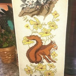 Vintage Needlepoint Bell Pull: Animals & Flowers, Brass Hardware