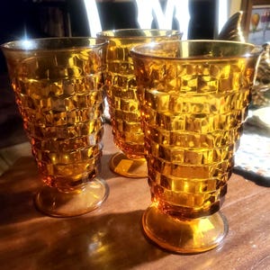 Set of 3 Indiana Whitehall Colony Cubist AMBER Flared Iced Tea Glasses 6&quot;