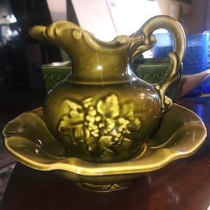 Vintage McCoy Keramik Grüner Krug und Waschbecken Set 6 &quot;hoch