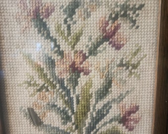 Floral Wool Rose Floral Tapestry Needlepoint Frame - Rose Bouquet - Antique Needlework of Wool - Framed 9h x 7w