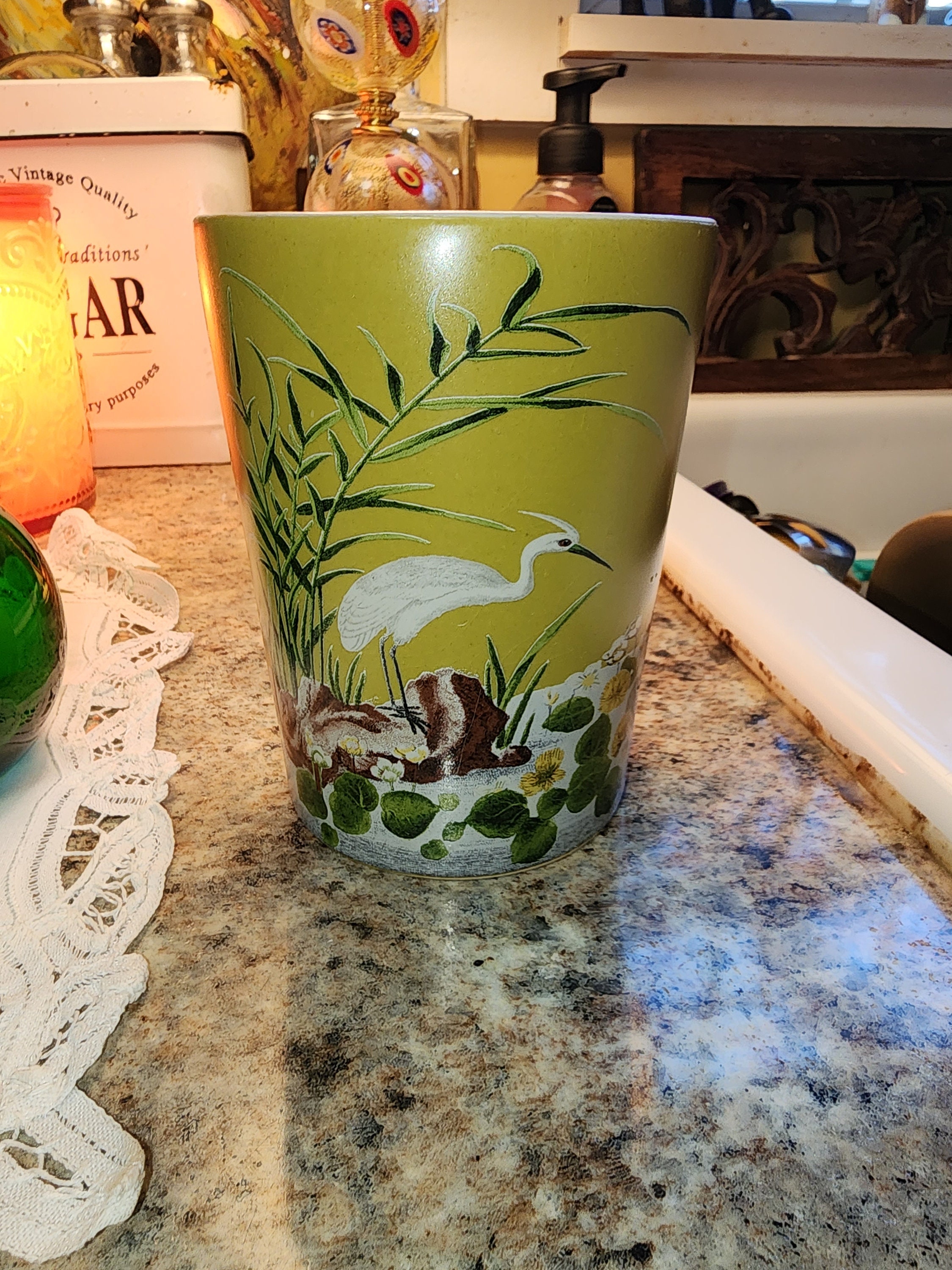 Vintage Small Vase Beautiful Colors White Crane Green Etsy