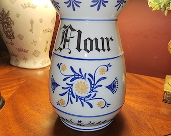 Vintage Dutch style Flour Canister, 10&quot;, hand painted, blue and white, orange flower, kitchen decor, farmhouse kitche..