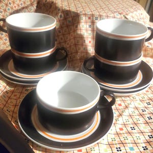 Juego de 5 tazas de café y platillos de porcelana Schmid fabricados en Japón, tazas de café espresso en color negro, naranja y blanco, tazas de té