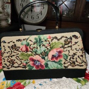 Large wool black embroidered and bead clutch purse vintage