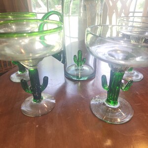set of 4 Mexican green cactus margaritas glasses and pitcher hand blown glass