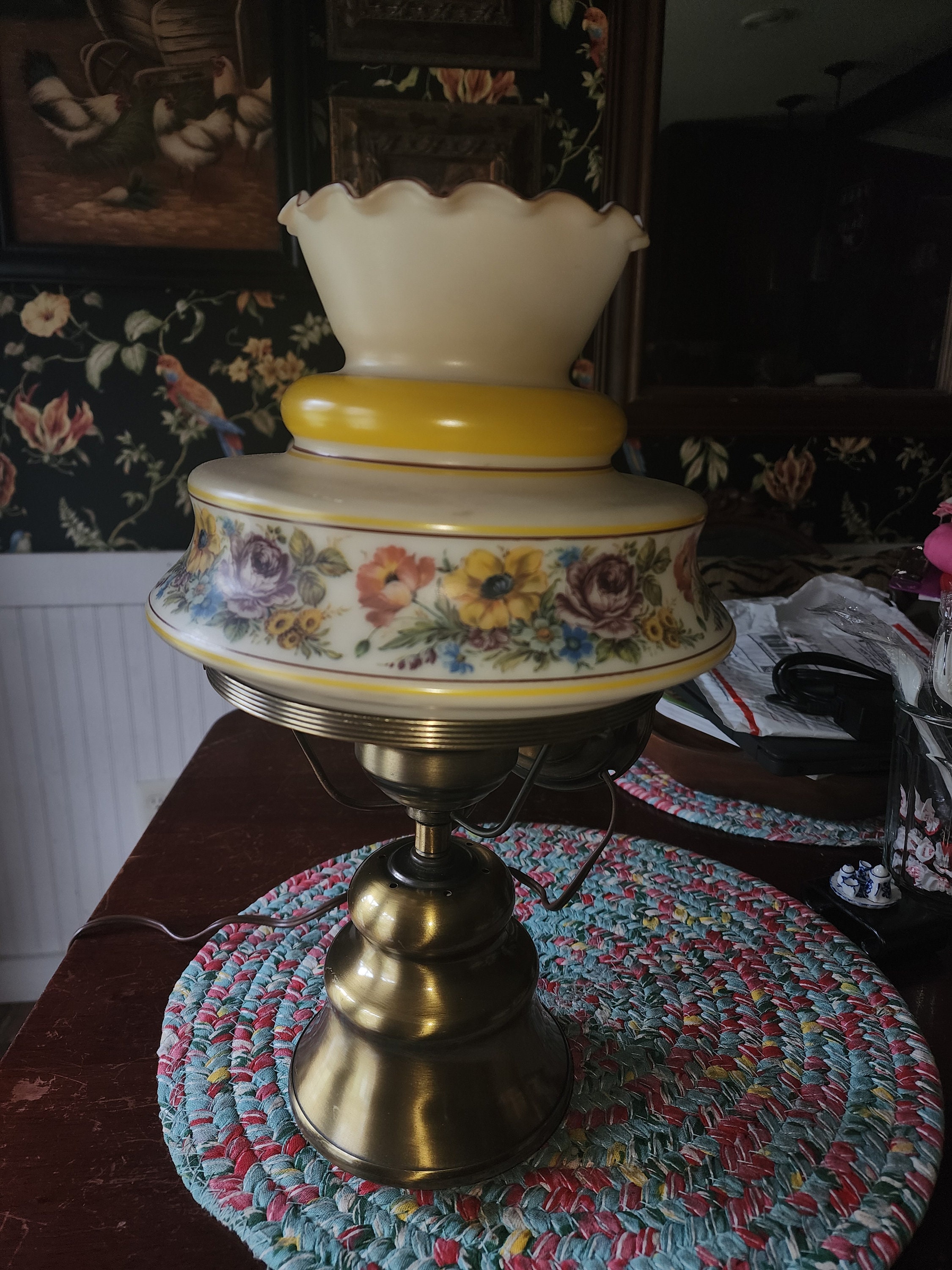 Vintage Quoizel Abigail Adams Blue Floral Hurricane Milk Glass