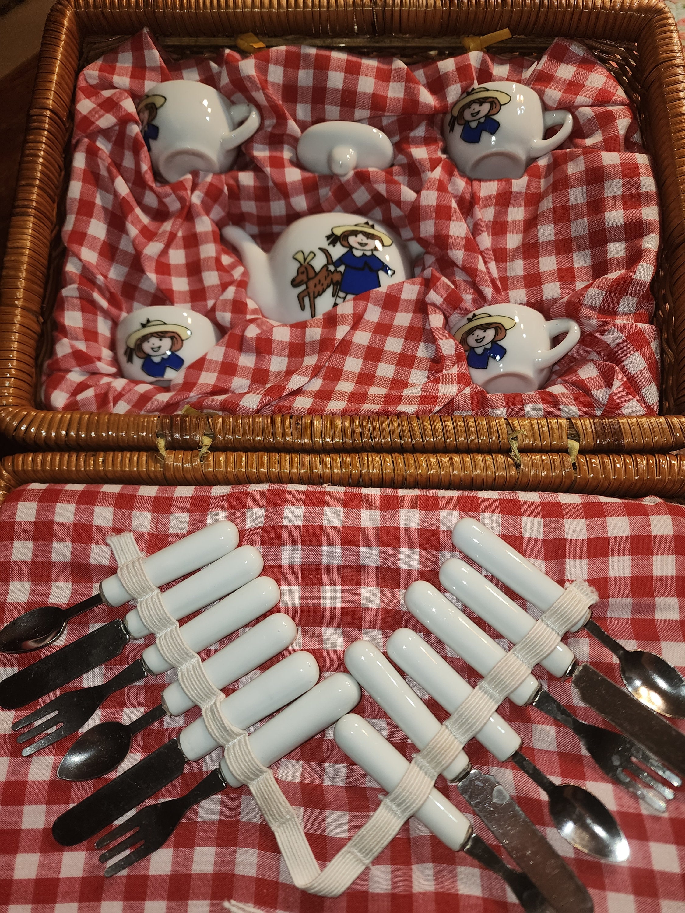 Vintage Madeline Tea Set by Schylling, Wicker Picnic Basket Re
