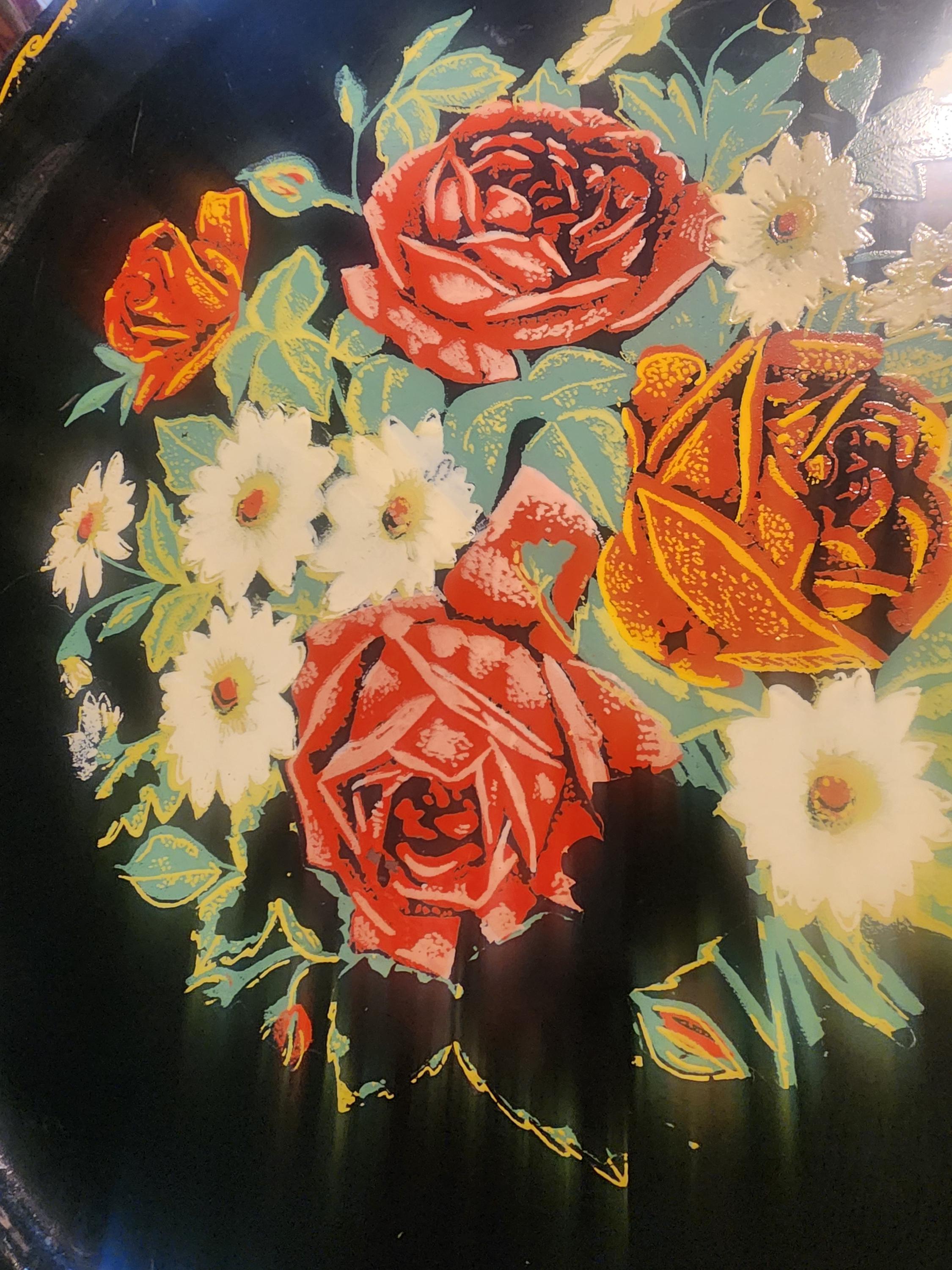 Vintage Hand Painted Round Black Metal Floral Tray - Etsy