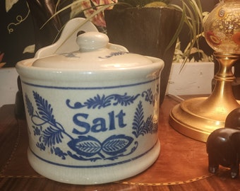 large antique blue onion stoneware salt box wall mount salt bellar salt well blue and white Ceramics crock