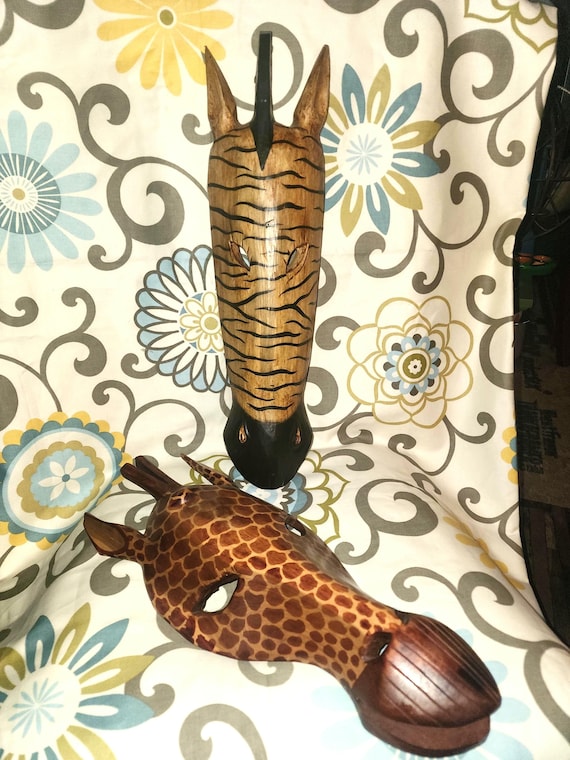 Hand Carved Wood Animal Masks: Giraffe & Zebra, Jungle Safari Wall Art