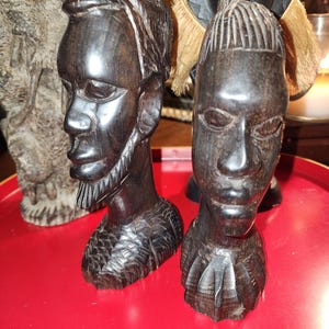 Vintage African Carved Ebony Wood Male and Female Bust Statue Sculptures- Set of 2
