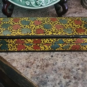 Kashmir hand-painted chinar leaf pencil box - wood gold lacquer hand painted