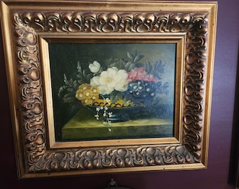 Still Life floral Oil Painting 12 by 16 hand painted gold wood beautiful frame