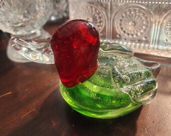 Pisapapeles de vidrio hecho a mano con forma de pato ánade real: rojo, verde y transparente.