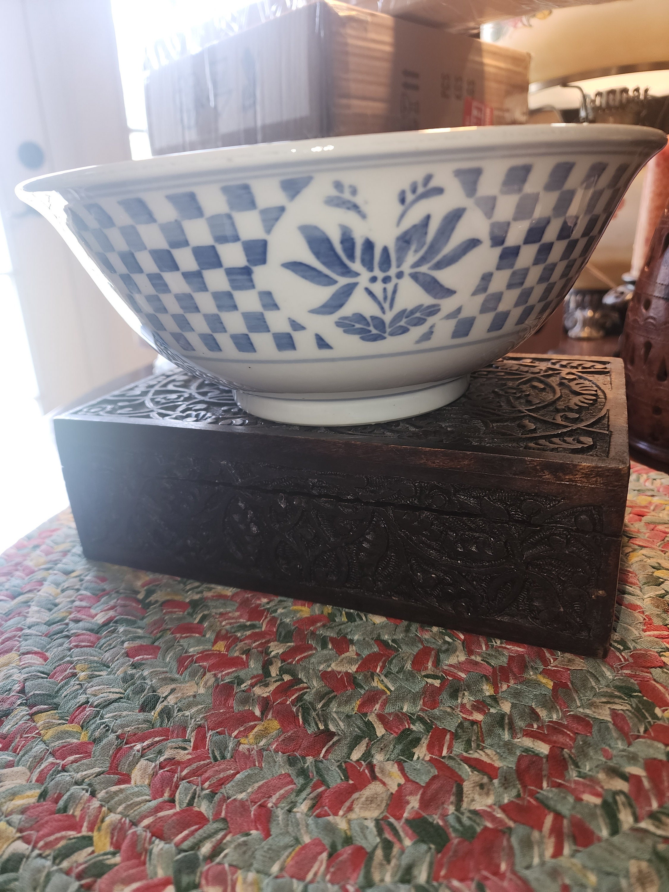 ヴィンテージ 中国製 サービングボウル 青と白のチェック柄と花柄 磁器